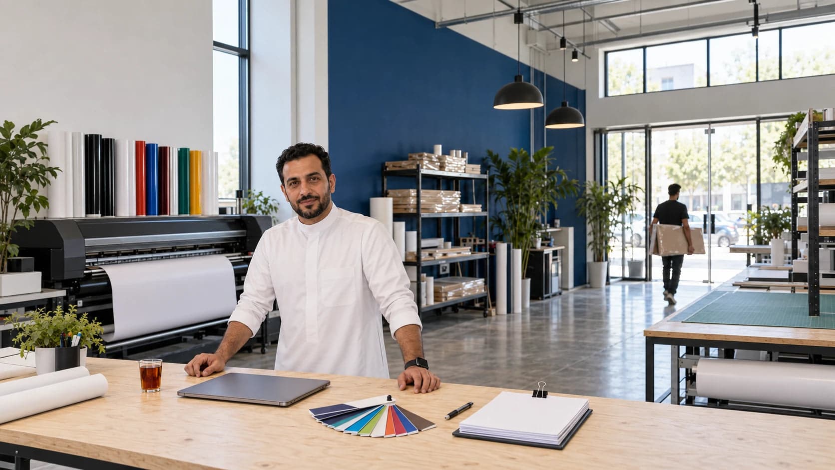 صاحب ستوديو طباعة وعلامات تجارية واقف عند طاولة العمل ينظر إليك، وخلفه طابعة عرض كبير ومساعد يحمل طلباً نحو الباب