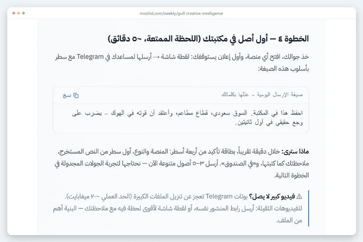 لقطة من دليل مكتبة الإعلانات الخليجية: الخطوة الرابعة مع صيغة جاهزة للنسخ وتنبيه عن نقطة تعطل محتملة