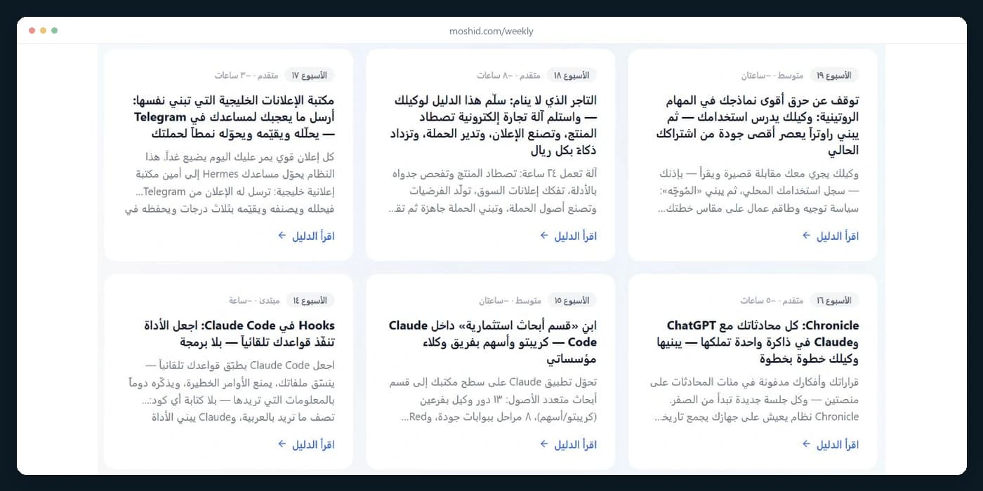 لقطة من أرشيف الأدلة الأسبوعية: ست بطاقات أدلة للأسابيع ١٤ إلى ١٩ بعناوينها ومستواها ومدتها