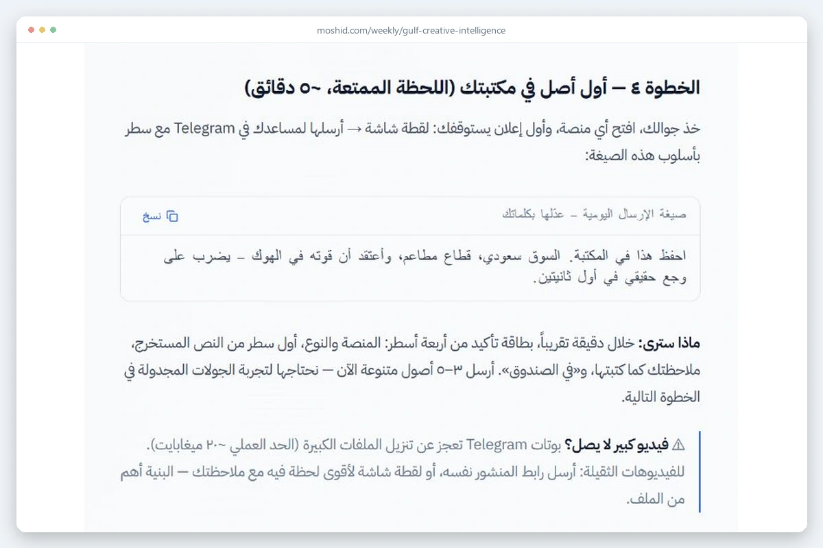 لقطة من دليل مكتبة الإعلانات الخليجية: الخطوة الرابعة مع صيغة جاهزة للنسخ وتنبيه عن نقطة تعطل محتملة