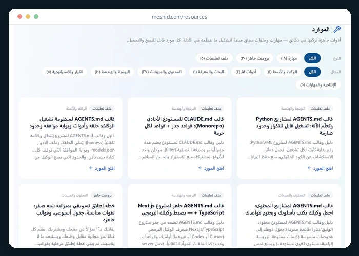 لقطة من صفحة الموارد: تصفية بالنوع والمجال وبطاقات قوالب ملفات تعليمات وبرومبتات جاهزة