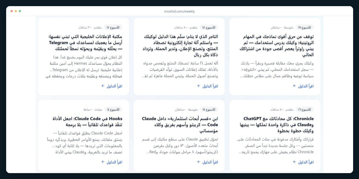 لقطة من أرشيف الأدلة الأسبوعية: ست بطاقات أدلة للأسابيع ١٤ إلى ١٩ بعناوينها ومستواها ومدتها